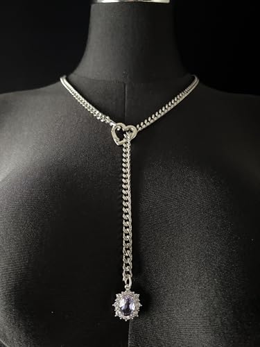 Women's Heart O-Ring Slip Chain Necklace, Double Layered Adjustable 39'' Cuban Chain with Detachable Heart Clasp and Colorful Rhinestone Pendant - color: 25'' Silver-Amethyst Purple