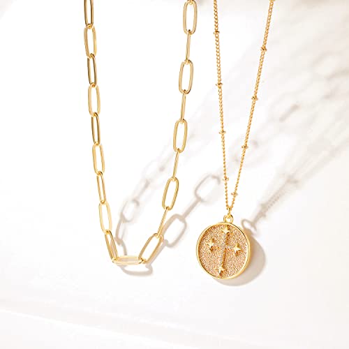 MEVECCO Dainty Pendant Layered Necklaces for Women | 18K Gold Plated Brass, 2-Piece Set With A Choker-Length Upper Layer, Wear Together Or Separately, Refined Everyday Style - style: Layer Round Cross
