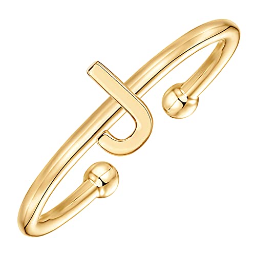 PAVOI 14K Gold Plated Initial Letter Ring for Women, Adjustable Band | Thin Initial Band - Dainty Fashion Jewelry Gifts - style: - J