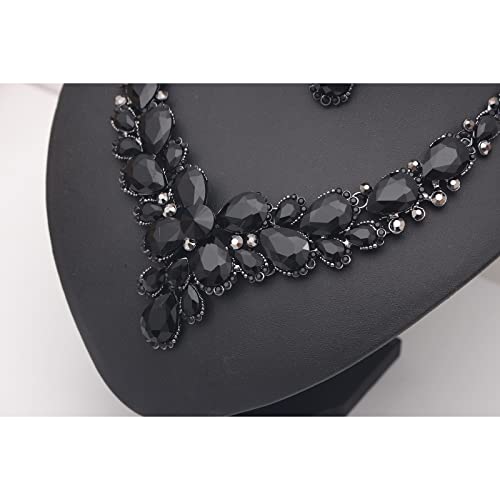Women's Wedding Bridal Austrian Crystal Glass Teardrop Statement Necklace Dangle Earrings Bracelet Ring Wedding Party Jewelry Set for Bridal Bridesmaid - color: All Black-Jet