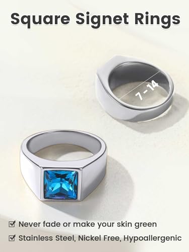 KeyStyle Square Gemstone Signet Rings for Men, Personalized Stainless Steel Pinky Ring with Black Onxy Blue Topaz Birthstone Statement Ring - color: 316L Stainless Steel- Blue Topaz-8mm