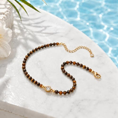 Raicegs Anklets for Women Handmade Beach Boho Ankle Bracelet 3mm Natural Stone Beaded Ankle Bracelet 14K Gold Plated Zircon Pendant Adjustable Crystal Gemstone Anklet Jewelry Gift for Her - color: Tiger’s Eye