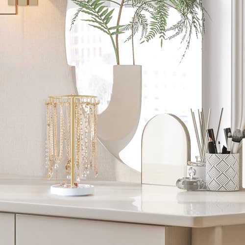 Mkono Rotating Necklace Holder, Gold Jewelry Display Rack Organizer Stand | 360° Rotation Tree Tower, 22 Hooks Hanging, Storage for Bracelets Keychains, Home Bedroom Dressing Table Decor,Women Gifts