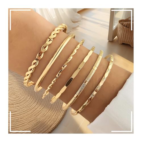 6-Piece Multi Layer Bangle Set,Gold Stackable Bracelets for Women - Non-Tarnish Simple Fashion Boho Jewelry for Daily & Party Wear