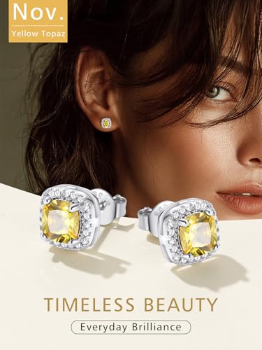 FindChic Birthstone Earrings for Women, Round/Heart/Square/Teardrop Earrings with 925 Sterling Silver Posts & Push Backs, Hypoallergenic Studs with Cubic Zirconia, 12 Months Jewelry with Gift Box - style: 11. November-Yellow Topaz (Square)