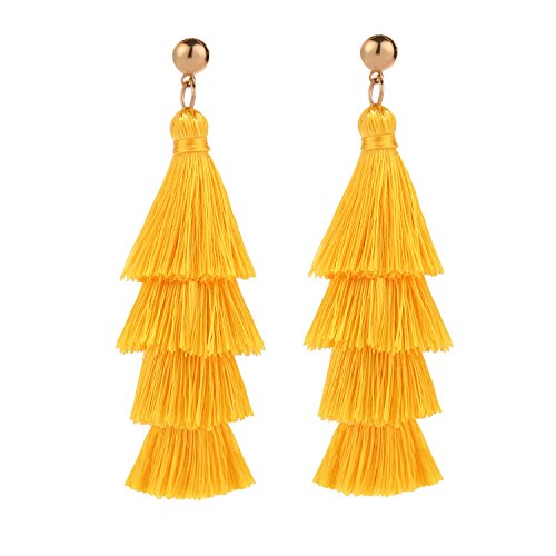 BaubleStar Bohemian Layered Tassel Drop Earrings for Women | Lightweight Statement Party Festival Jewelry - color: Yellow