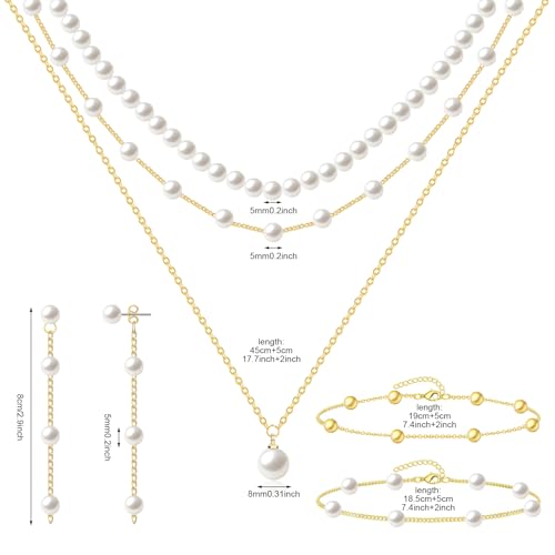Pearl Jewelry Set for Women Faux Pearl Costume Jewelry Set with Necklace, Bracelets, Ring, Earrings for Wedding Bridal Birthday Tea Party - color: Gold