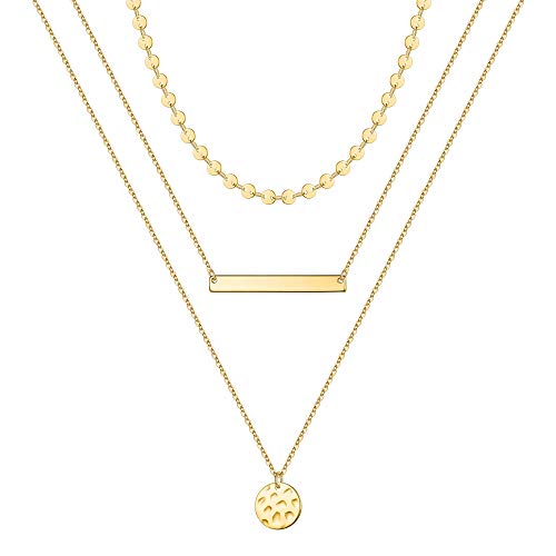 Turandoss Gold Layered Necklaces for Women - 14K Gold Plated Handmade Multilayer Bar Pearls Coin Disc Moon Butterfly Medallion Adjustable Dainty Layered Choker Necklaces for Women Jewelry - style: 3PCS - Coin&Bar&Hammered Disc