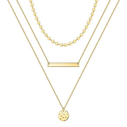 Turandoss Gold Layered Necklaces for Women - 14K Gold Plated Handmade Multilayer Bar Pearls Coin Disc Moon Butterfly Medallion Adjustable Dainty Layered Choker Necklaces for Women Jewelry - style: 3PCS - Coin&Bar&Hammered Disc