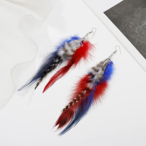 Long Bohemian Pheasant Feathers Statement Earrings Handmade Natural Lightweight Feather Dangle Earrings for Women (ea000067) - color: Red&Blue A