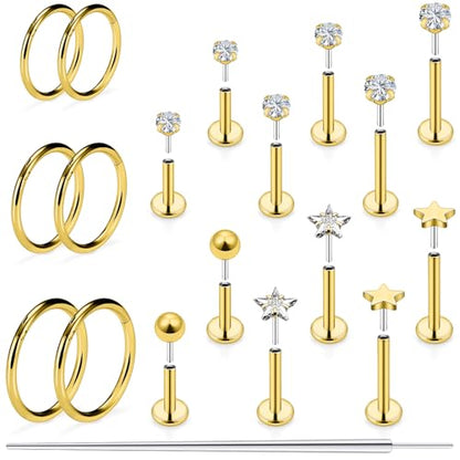 16G Lip Labret Medusa Rings Studs Internally Threaded 316L Surgical Steel Snake Bite Lip Rings Flat Back Catilage Tragus Helix Daith Earrings Piercings Jewelry for Women Men 8mm - color: 16G-6mm 8mm 10mm Bars + Hinged Clicker Ring + Gold