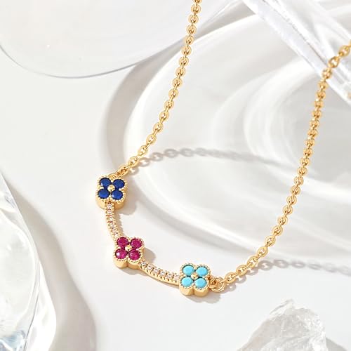 Fettero Dainty 14K Gold Plated Cubic Zirconia Necklaces for Women, Simple Bar Pendant Necklace, Mix-color Rainbow Jewelry Gold Necklace for Women Trendy Gifts - style: Clover