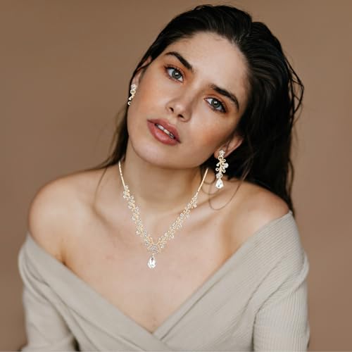 Rhinestone Wedding Jewelry Sets for Bridal Women Crystal Necklace Bracelet Earrings Set Prom Jewelry Set for Brides - color: Gold