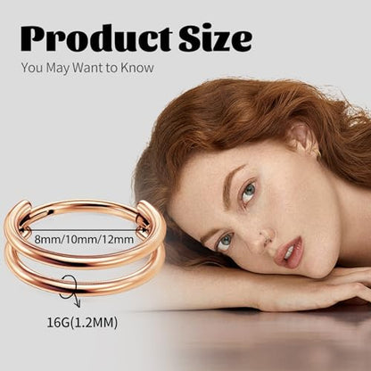G23 Titanium Conch Piercing Jewelry Hoop: 16G 8mm/10mm/12mm Diamond Cartilage Earring Helix Double Piercing Hoop Septum Rings Hypoallergenic Nose Rings Hinged Segment Clicker Lip Rings Rook Daith Tragus Earrings - color: Rose Gold-Double Layers