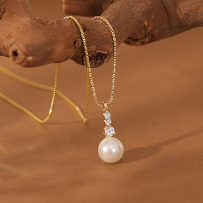 Gold Necklace for Women, 14k Gold Plated Cubic Zirconia Solitaire Pendant Necklace Waterproof Formal Necklaces for Women Cute Simple Necklaces Trendy Gold Jewelry Non Tarnish - color: Gold-pearl 2