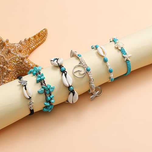 12Pcs Shell Turtle Ankle Bracelets Handmade Seashell Bead Starfish Cowrie Dolphin Adjustable Layered Anklets for Women Boho Hawaii Summer Beach Foot Jewelry - style: B: Shell