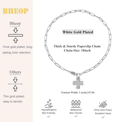 Bheop Chunky Cross Necklace for Women, 14K Gold Silver Statement Necklace | Sturdy Paperclip Chain, Hammered Pendant, Vintage Charm, Trendy Costume Jewelry, Faith Christian Religious Gift, Non Tarnish - style: SL-Cross Necklace(1 inch Pendant)