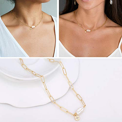 Aobei Pearl 18K Gold Plated Paperclip Chain Choker Satellite Chain Freshwater Cultured Biwa Pearl Pendant Necklace Dainty Turquoise Jewelry for Women - color: Pearl Chain Choker