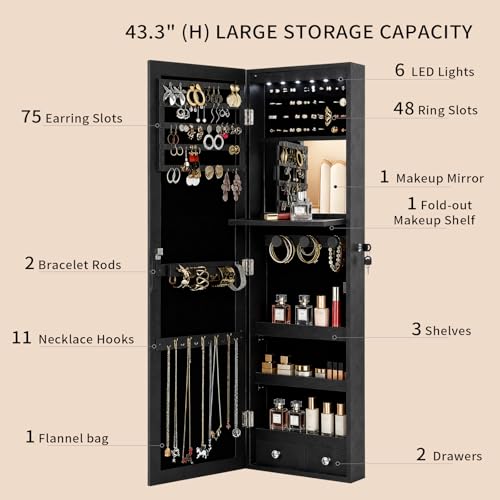 Lockable Jewelry Cabinet Organizer with Full Length Mirror, 6 Auto LED Lights, Wall & Over Door Mount Jewelry Armoire with Earring Slots, Necklace Hooks, Foldable Makeup Shelf - color: Black