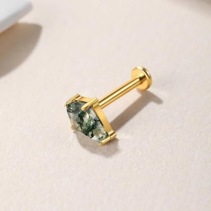 1PC ASTM F136 Titanium Push Pin Moss Agate Stone Flat Back Earrings 16G 8mm for Helix Conch Tragus - color: Rhombus-18KGP