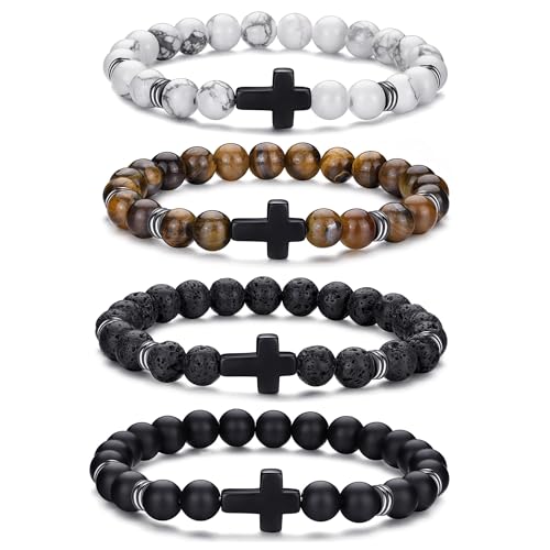 Mens Beaded Bracelets Set 8MM Tiger Eye Lava Stone Stretch Natural Stone Men's Bead Bracelet Mens Bracelet - color: 4,Cross Bead Bracelet