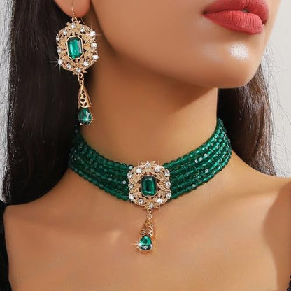 Missgrace Women Silver Black Green Red Rhinestone Crystal Tassels Bridal Necklace Earrings Sets Teardrop Necklace Dangle Earrings Set for Wedding Brides Bridesmaid - color: Green