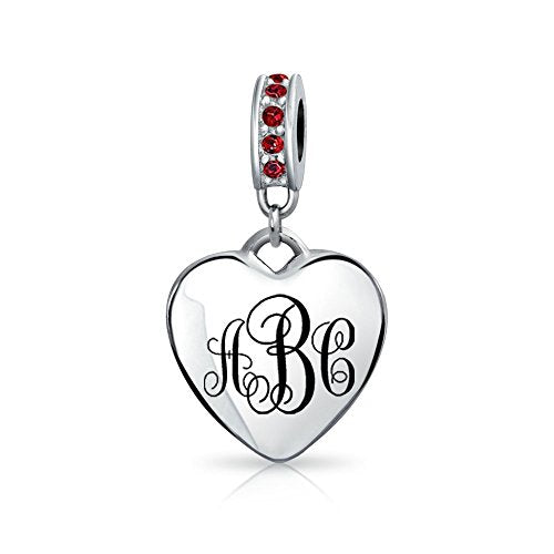 Bling Jewelry .925 Sterling Silver Blue Crystal Accent Bale Heart Shape Dangle Bead Charm for Bracelet - color: Dark Red