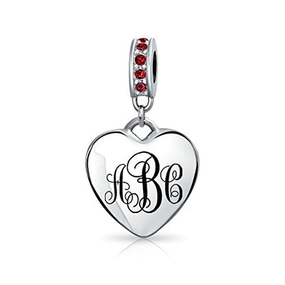 Bling Jewelry .925 Sterling Silver Blue Crystal Accent Bale Heart Shape Dangle Bead Charm for Bracelet - color: Dark Red Engrave