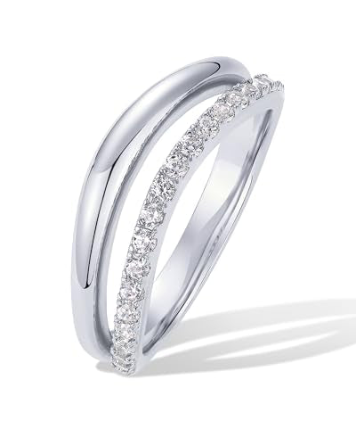 PAVOI 14K Gold Plated Wavy Split Ring - Wave Gold Stackable Rings for Women with Cubic Zirconia - Dainty Wedding Band - Trendy Bridal Fashion Jewelry - color: White Gold