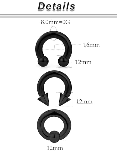 00G 0G 2G 4G 6G 8G 10G 12G 14G 16G Septum Rings Silver Black Surgical Steel Heavy Gauges Earrings Stretching kit Eyebrow Lip Septm Nose Rings Helix Tragus Daith Rook Earrings Hoops 10mm-19mm - color: Black, size: 0G(8.0mm)-Inner Dia:16mm