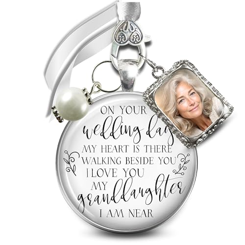 Bouquet Charm On Your Wedding Day Memorial Honoring Mom Dad Grandma Grandpa Meaningful Bridal Floral Jewelry Silver Finish Pendant Bride's Flowers Photo Frames Parent Grandparent - color: White Bead, style: My Granddaughter | 1 Frame