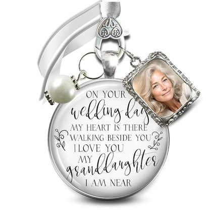 Bouquet Charm On Your Wedding Day Memorial Honoring Mom Dad Grandma Grandpa Meaningful Bridal Floral Jewelry Silver Finish Pendant Bride's Flowers Photo Frames Parent Grandparent - color: White Bead, style: My Granddaughter | 1 Frame