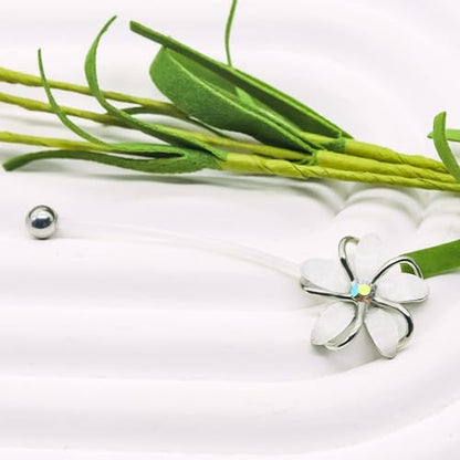 VERAMI 14G 38mm Pregnancy Belly Button Rings Flexible Bioplast Long Bar Flower Belly Rings for Maternity Clear Navel Piercing Retainer - color: Silver-white flower