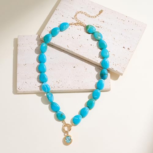 Chunky Colorful Bead Necklace Summer Fashion Statement Boho Beaded Chunky Necklace for Women Adjustable Length Lightweight Cool Suitable for Beach Vacation Daily Wear & Summer Parties - color: Turquoise-A