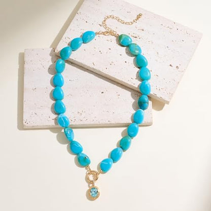Chunky Colorful Bead Necklace Summer Fashion Statement Boho Beaded Chunky Necklace for Women Adjustable Length Lightweight Cool Suitable for Beach Vacation Daily Wear & Summer Parties - color: Turquoise-A