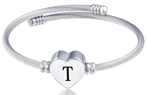 MUERDOU Initial Bracelet for Women Alphabet 26 Letters Bracelet Heart Cable Charm Bracelets Gifts for Her - style: T