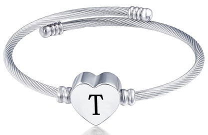 MUERDOU Initial Bracelet for Women Alphabet 26 Letters Bracelet Heart Cable Charm Bracelets Gifts for Her - style: T