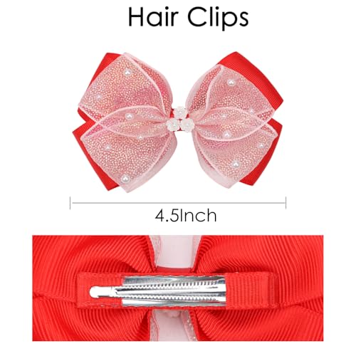 KISZU 4.5 Inch Flower Hair Bows Clips Mermaid Pearl HairPins for Girls Children Teens and Women - color: Red
