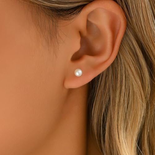Pearl Stud Earrings for Women Gold/Silver Plated 3mm 4mm 5mm 6mm 8mm Pearl Earrings Dainty Hypoallergenic Earrings - color: Gold, size: 5 Millimeters