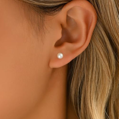 Pearl Stud Earrings for Women Gold/Silver Plated 3mm 4mm 5mm 6mm 8mm Pearl Earrings Dainty Hypoallergenic Earrings - color: Gold, size: 5 Millimeters