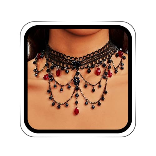 ACEDRE Gothic Lace Bead Choker Necklace Black Red Vampire Collar for Women | Halloween Victorian Costume Necklaces Jewelry