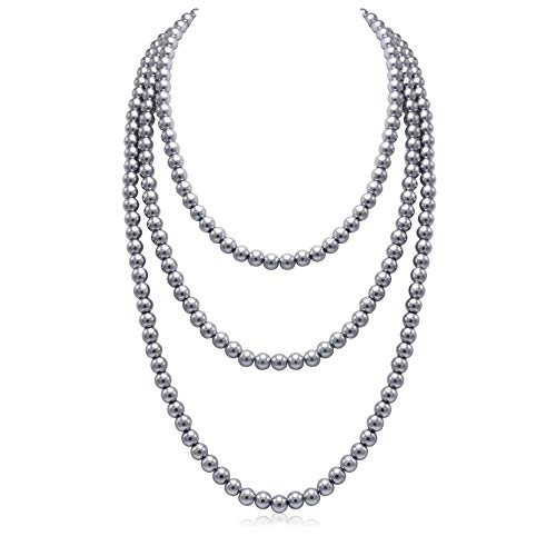 Long Pearl Necklaces for Women Cream White Faux Pearl Strand Layered Necklace Costume Jewelry - color: Gray