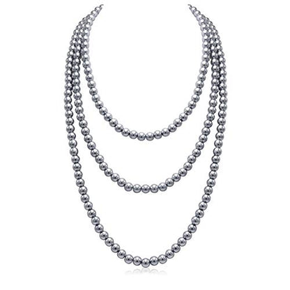 Long Pearl Necklaces for Women Cream White Faux Pearl Strand Layered Necklace Costume Jewelry - color: Gray