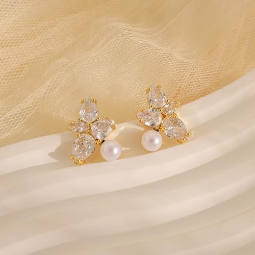 Pearl Earrings for Women:Gold Wedding Dangle Drop Earring Pearl Jewelry | 14K Gold Plated Pearl Drop Earrings for Women,Dainty Wedding Bride Earring Studs,Gold Dangle Drop Earring,Waterproof Jewelry - size: 1 pcs-13