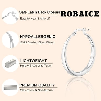 Robaice 925 Sterling Silver Hollow Hoop Earrings for Women, 30/40/50/60mm | Lightweight hollow circle hoops with a clean polished profile, hypoallergenic for everyday wear - size: 50mm Silver Hoop