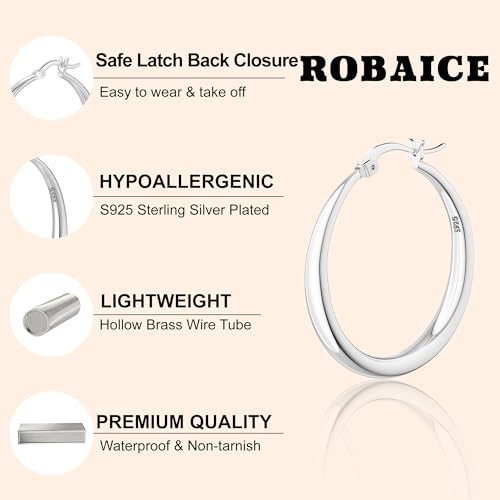 Robaice 925 Sterling Silver Hollow Hoop Earrings for Women, 30/40/50/60mm | Lightweight hollow circle hoops with a clean polished profile, hypoallergenic for everyday wear - size: 40mm Silver Hoop