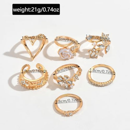 Flower Rings for Women Gold Adjustable Rings Set, Pink Enamel Rose Daisy Stackable Rings with Cubic Zirconia, Dainty Floral Knuckle Rings Jewelry for Party Wedding Gifts - color: Gold-02