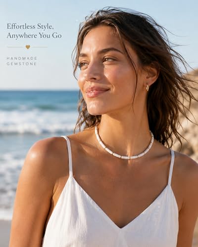 Natural Heishi Gemstone Choker Necklace for Women, Adjustable 15"+2" Beaded Layering Necklace, Coastal Beach Jewelry Gift for Her - color: Mother of Pearl