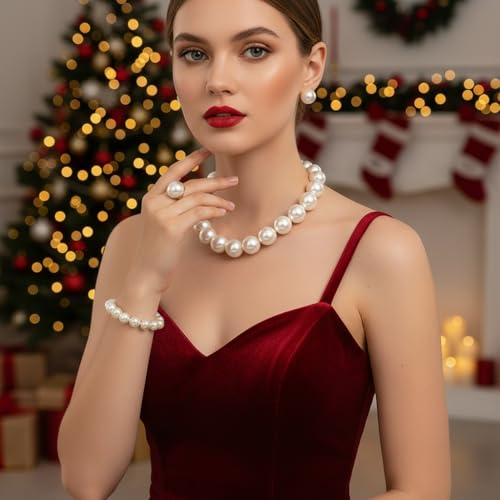 Prom Jewelry Set for Women Pearl Jewelry Sets Pearls Necklace Earrings Bracelet Ring Sets Faux Pearls Bridesmaid Bridal Wedding Prom Outfits Jewelry Sets - color: White