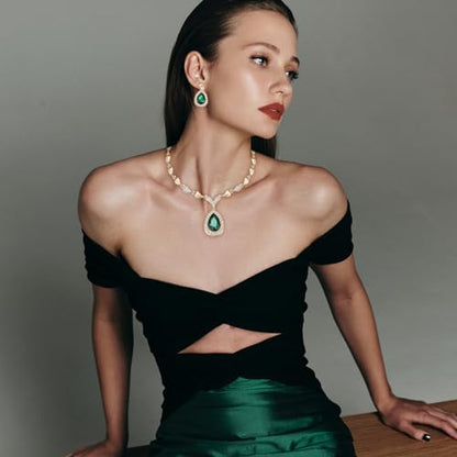 Womens Luxury Africa Dubai 18k Gold Plated Jewelry Sets Wedding Rhinestone Crystal Bib Statement Necklace Earrings Set for Brides Party Prom - color: Green 2